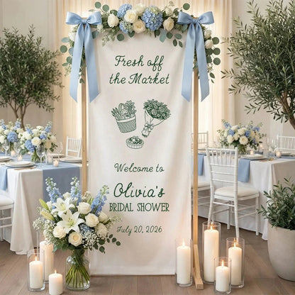 Farmers Market Bridal Shower Banner Stand Personalized Bridal Shower Welcome Sign Custom Name Linen Decor, bridal shower d...