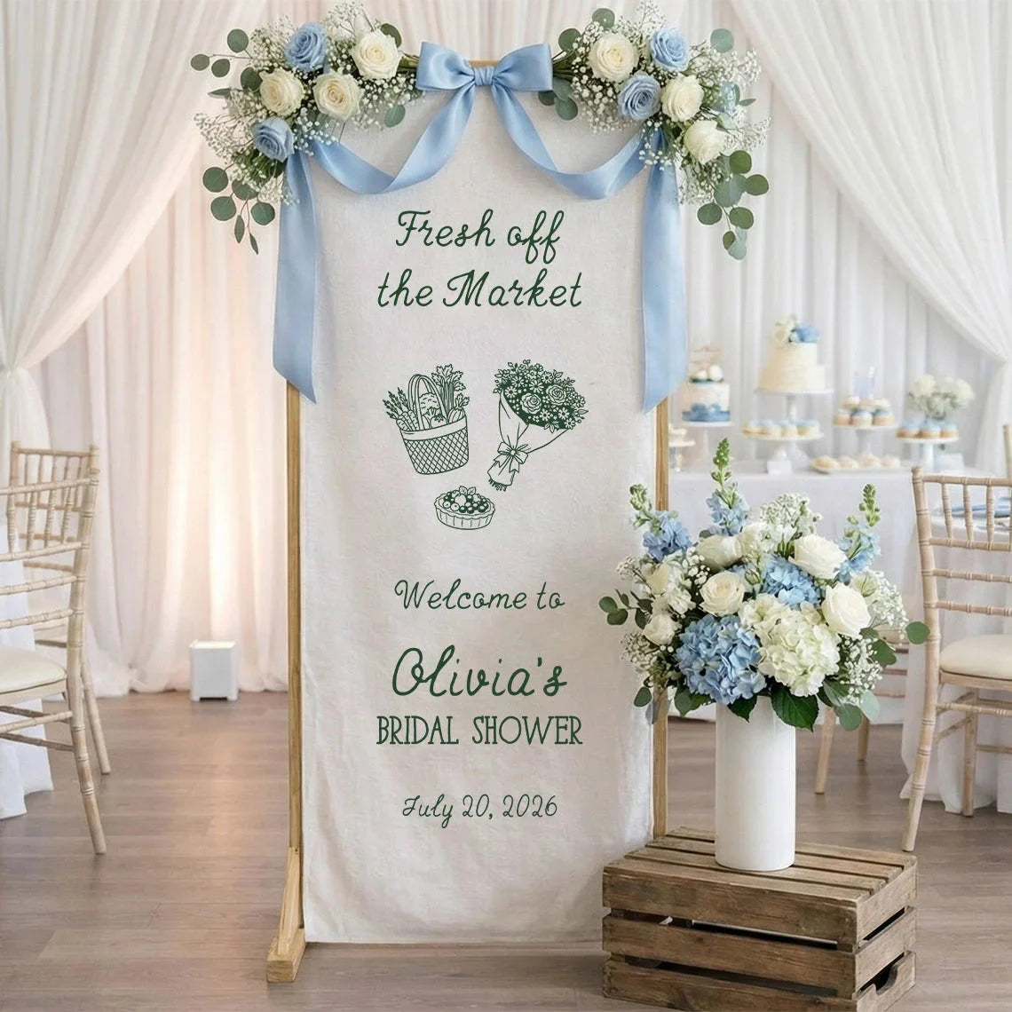Farmers Market Bridal Shower Banner Stand Personalized Bridal Shower Welcome Sign Custom Name Linen Decor, bridal shower d...