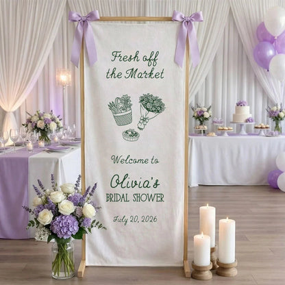 Farmers Market Bridal Shower Banner Stand Personalized Bridal Shower Welcome Sign Custom Name Linen Decor, bridal shower d...