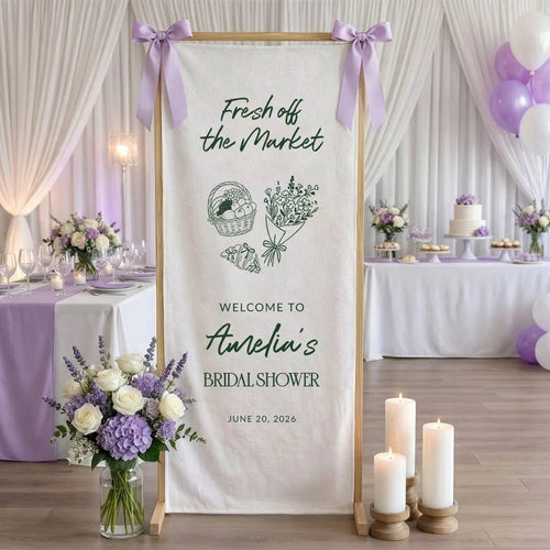 Farmers Market Bridal Shower Banner Stand Personalized Bridal Shower Welcome Sign Custom Name Linen Decor, bridal shower d...
