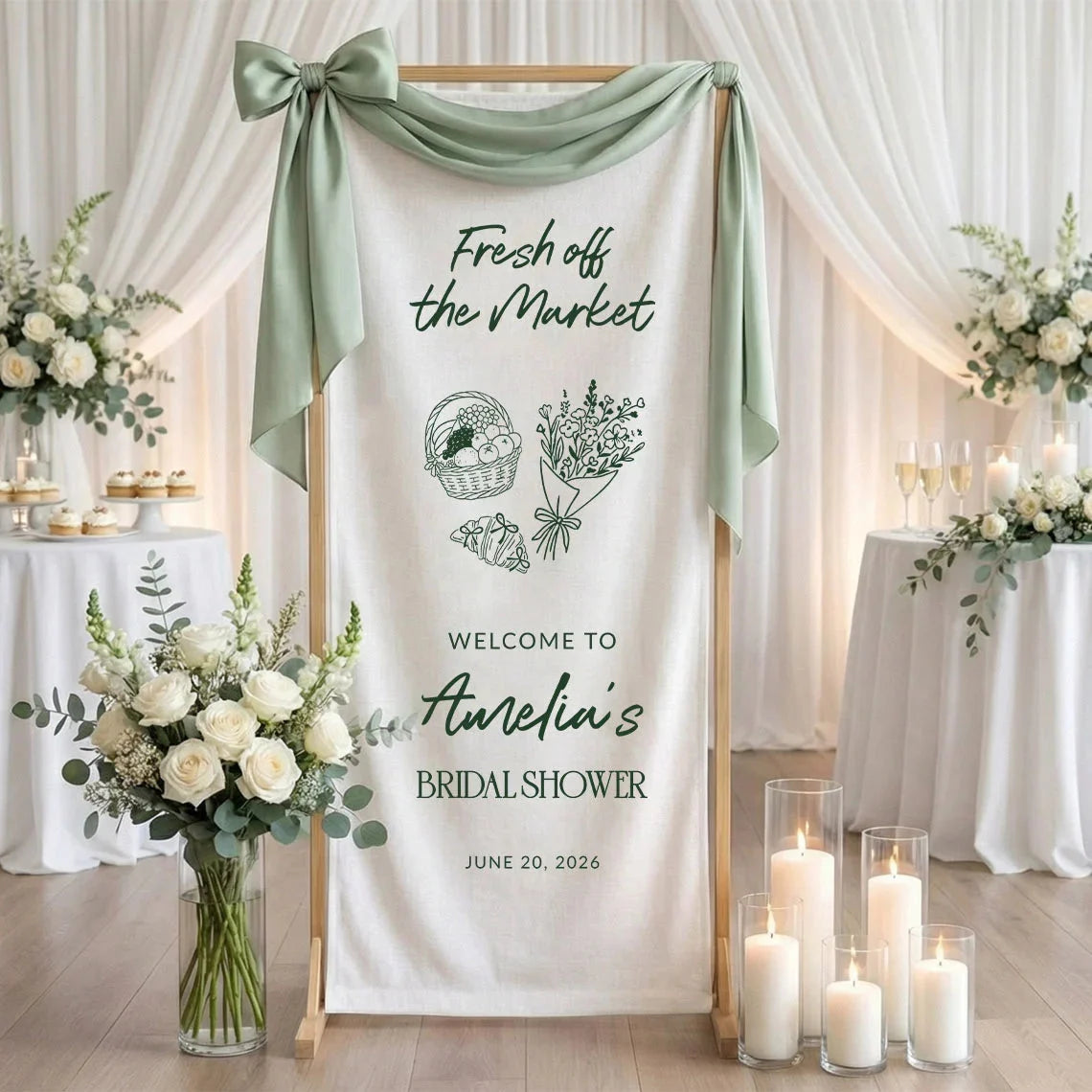 Farmers Market Bridal Shower Banner Stand Personalized Bridal Shower Welcome Sign Custom Name Linen Decor, bridal shower d...