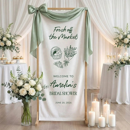 Farmers Market Bridal Shower Banner Stand Personalized Bridal Shower Welcome Sign Custom Name Linen Decor, bridal shower d...