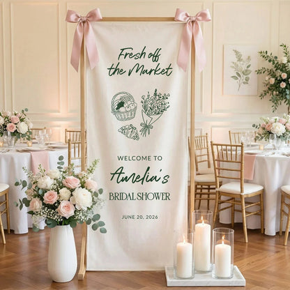 Farmers Market Bridal Shower Banner Stand Personalized Bridal Shower Welcome Sign Custom Name Linen Decor, bridal shower d...