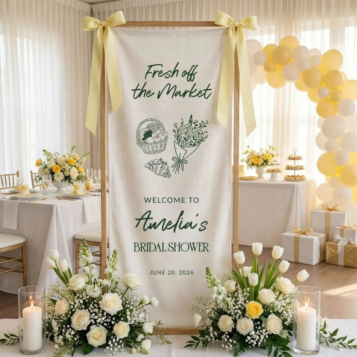 Farmers Market Bridal Shower Banner Stand Personalized Bridal Shower Welcome Sign Custom Name Linen Decor, bridal shower d...