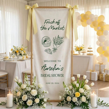Farmers Market Bridal Shower Banner Stand Personalized Bridal Shower Welcome Sign Custom Name Linen Decor, bridal shower d...