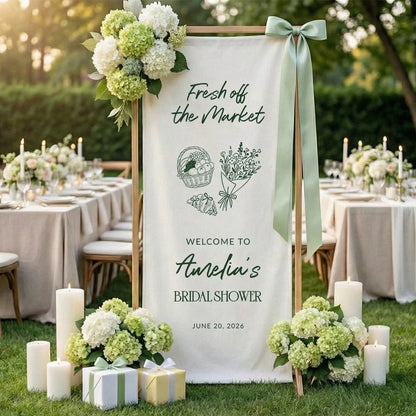 Farmers Market Bridal Shower Banner Stand Personalized Bridal Shower Welcome Sign Custom Name Linen Decor, bridal shower d...