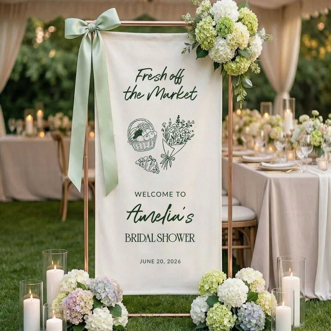 Farmers Market Bridal Shower Banner Stand Personalized Bridal Shower Welcome Sign Custom Name Linen Decor, bridal shower d...