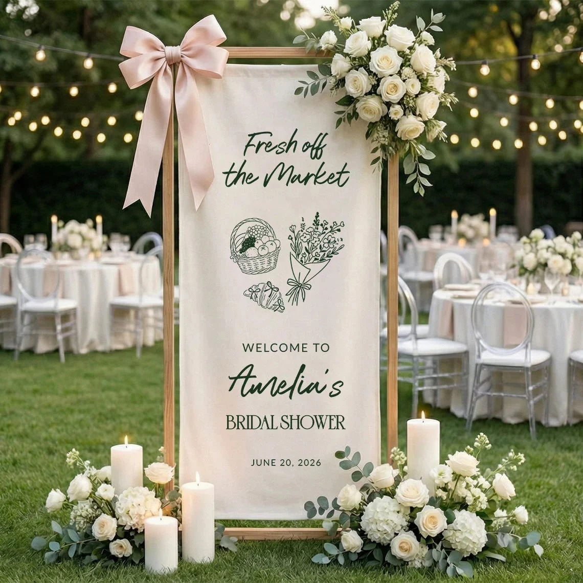 Farmers Market Bridal Shower Banner Stand Personalized Bridal Shower Welcome Sign Custom Name Linen Decor, bridal shower d...