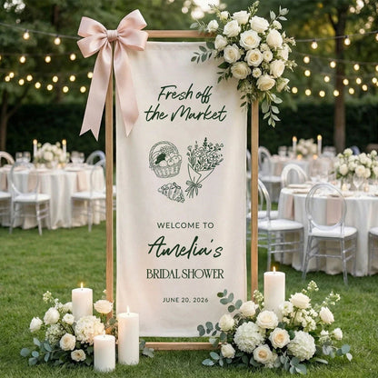 Farmers Market Bridal Shower Banner Stand Personalized Bridal Shower Welcome Sign Custom Name Linen Decor, bridal shower d...