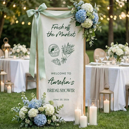 Farmers Market Bridal Shower Banner Stand Personalized Bridal Shower Welcome Sign Custom Name Linen Decor, bridal shower d...