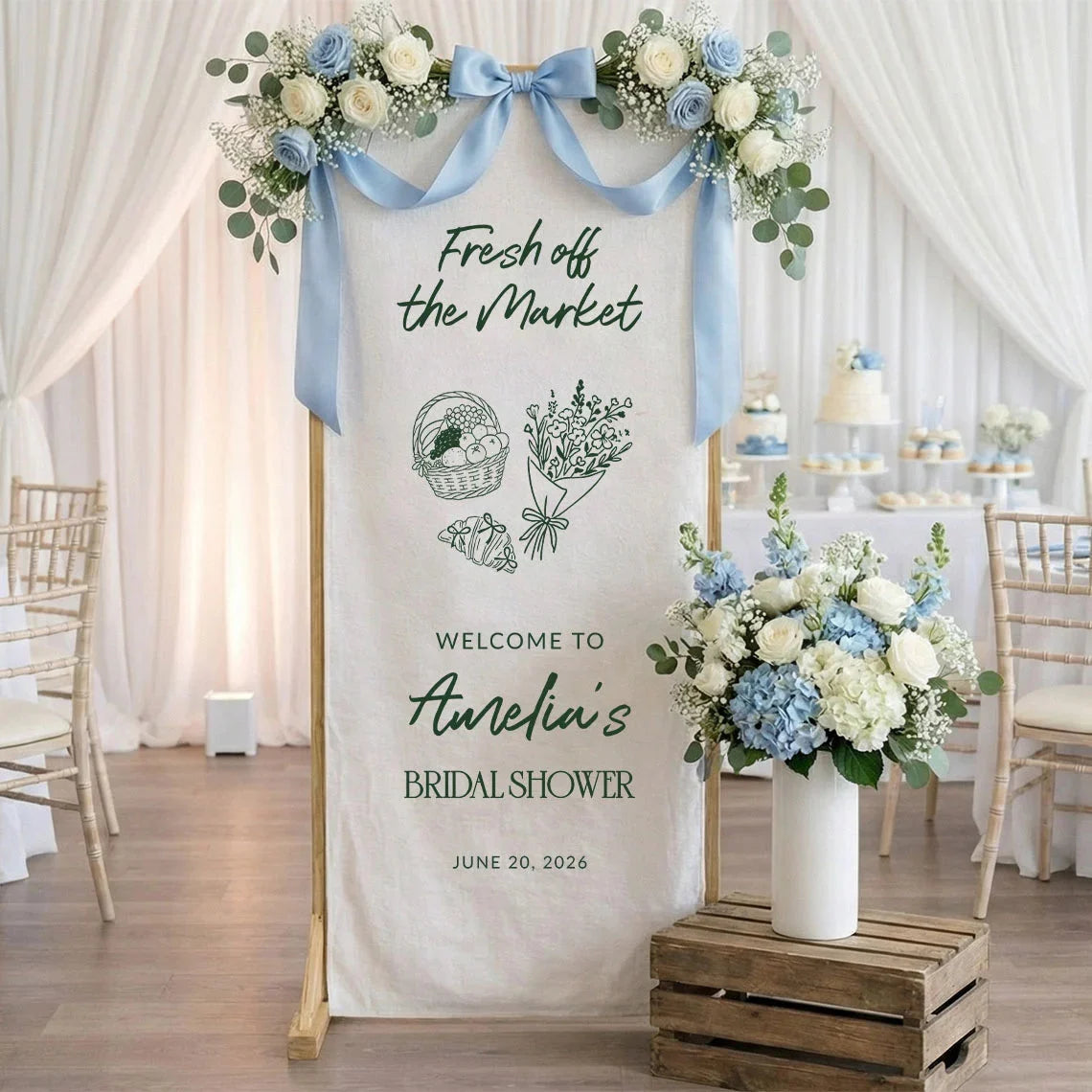 Farmers Market Bridal Shower Banner Stand Personalized Bridal Shower Welcome Sign Custom Name Linen Decor, bridal shower d...