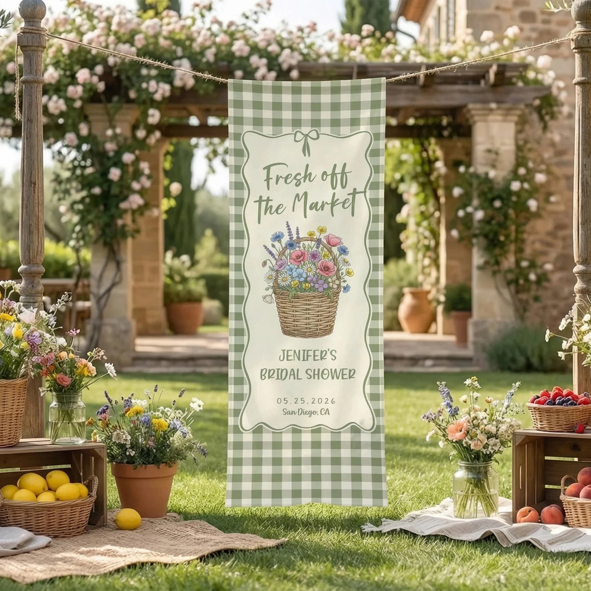 Farmers Market Bridal Shower Banner Personalized Floral Bridal Shower Welcome Banner Custom Name Linen Decor, bridal showe...