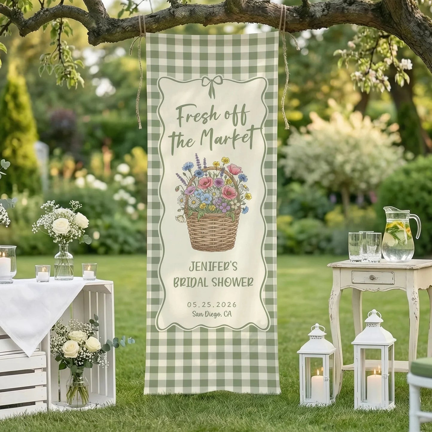Farmers Market Bridal Shower Banner Personalized Floral Bridal Shower Welcome Banner Custom Name Linen Decor, bridal showe...