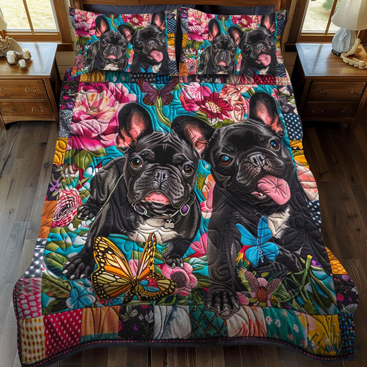 French Bulldog Floral Garden 3-Piece Quilted Bedding Set - Single (59" x 70")