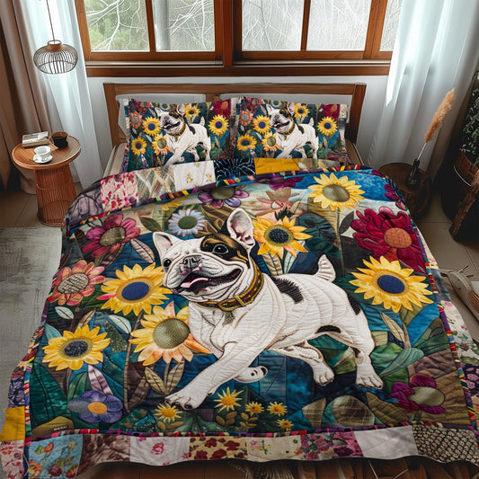 Sunflower French Bulldog 3-Piece Quilted Bedding Set - Single (59" x 70")