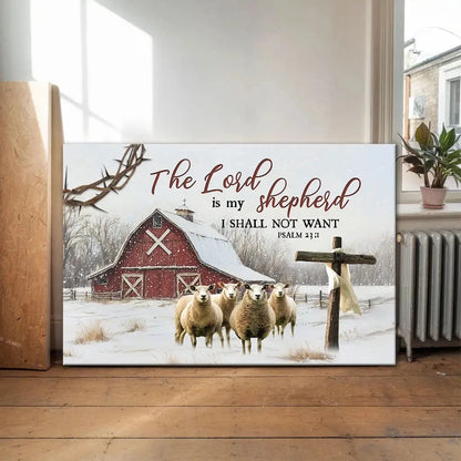 the lord is my shepherd psalm 23 1 red barn with sheep christmas wall art canvas (Landscape) (view 2)