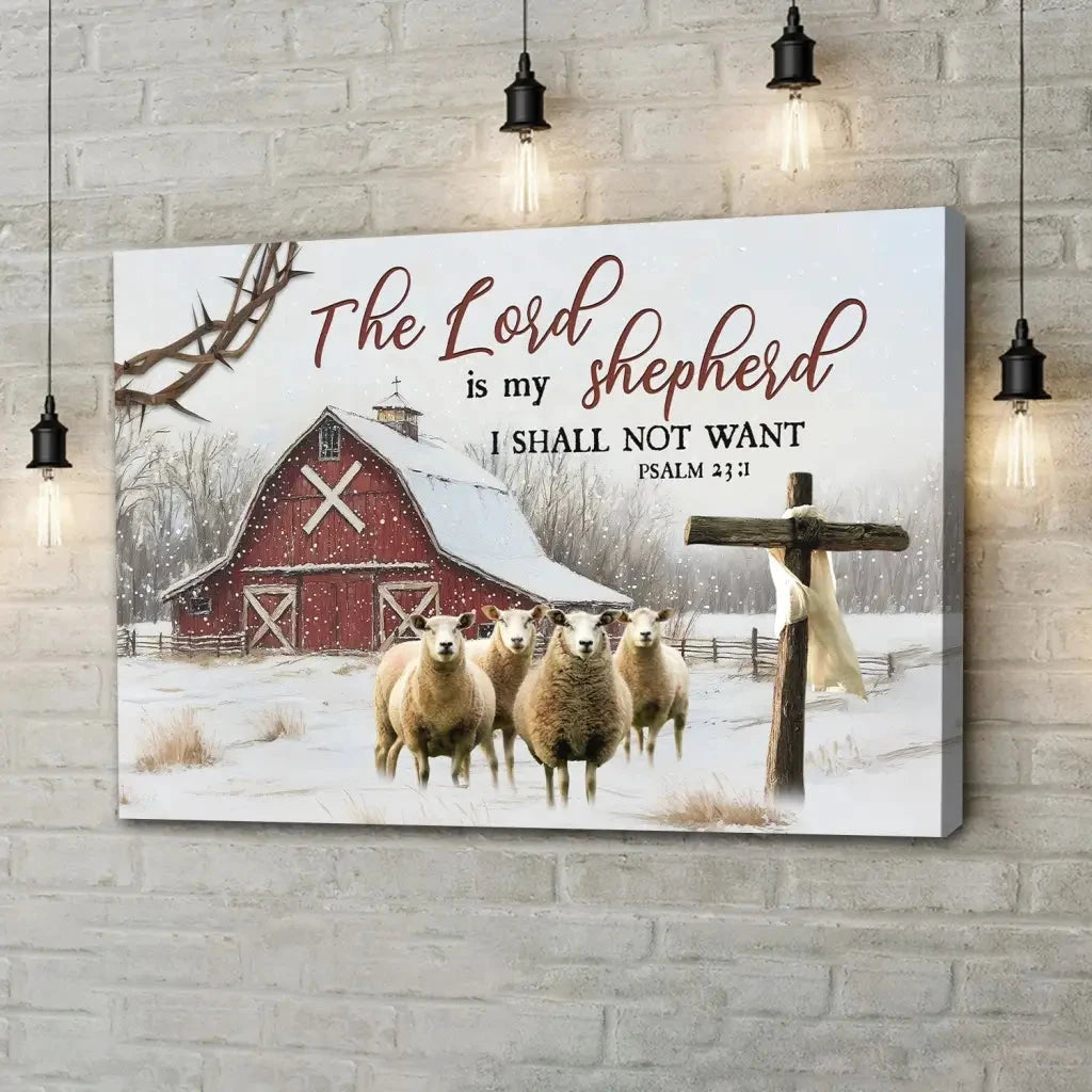 the lord is my shepherd psalm 23 1 red barn with sheep christmas wall art canvas (Landscape) (view 3)