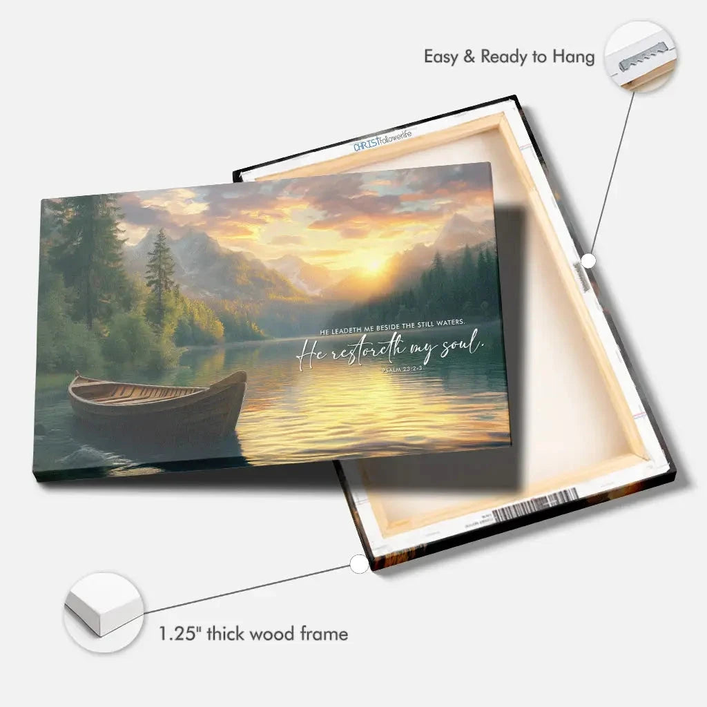 he leadeth me beside the still waters psalm 23 2 3 bible verse wall art canvas (Landscape) (view 4)