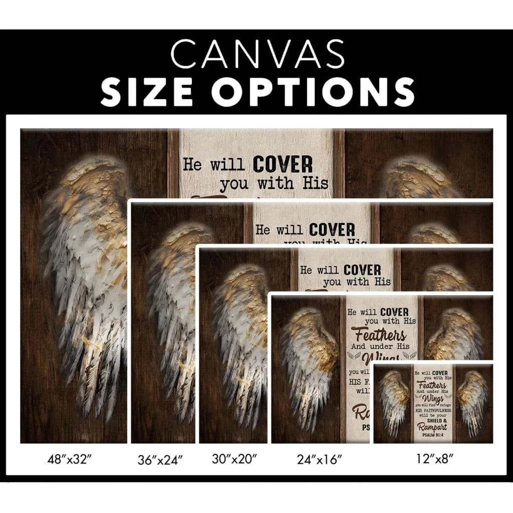angel wings psalm 91 4 he will cover you with his feathers bible verse wall art canvas (Landscape) (view 2)