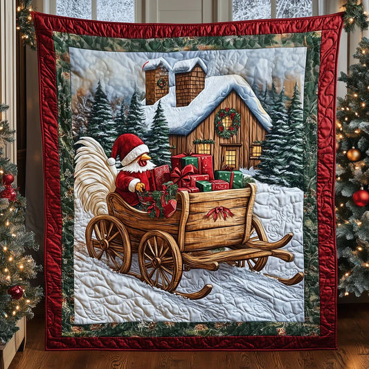 Festive Rooster Sleigh Quilt Blanket
