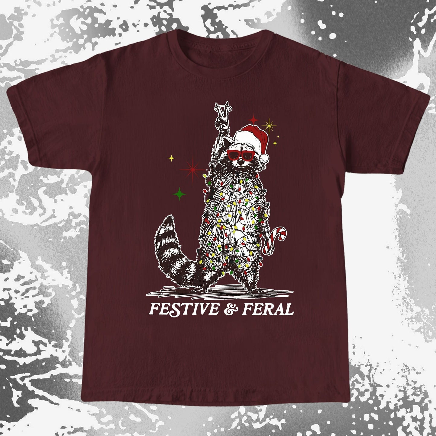 Festive and Feral Raccoon Christmas, funny meme tee gift (view 7)
