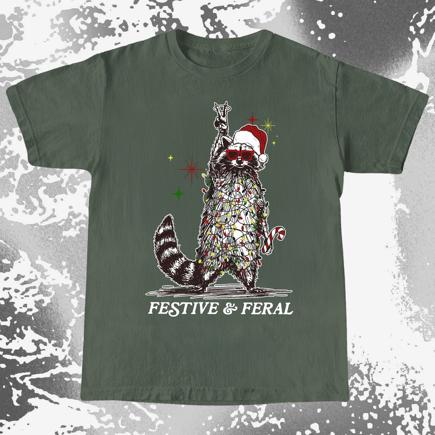 Festive and Feral Raccoon Christmas, funny meme tee gift (view 5)