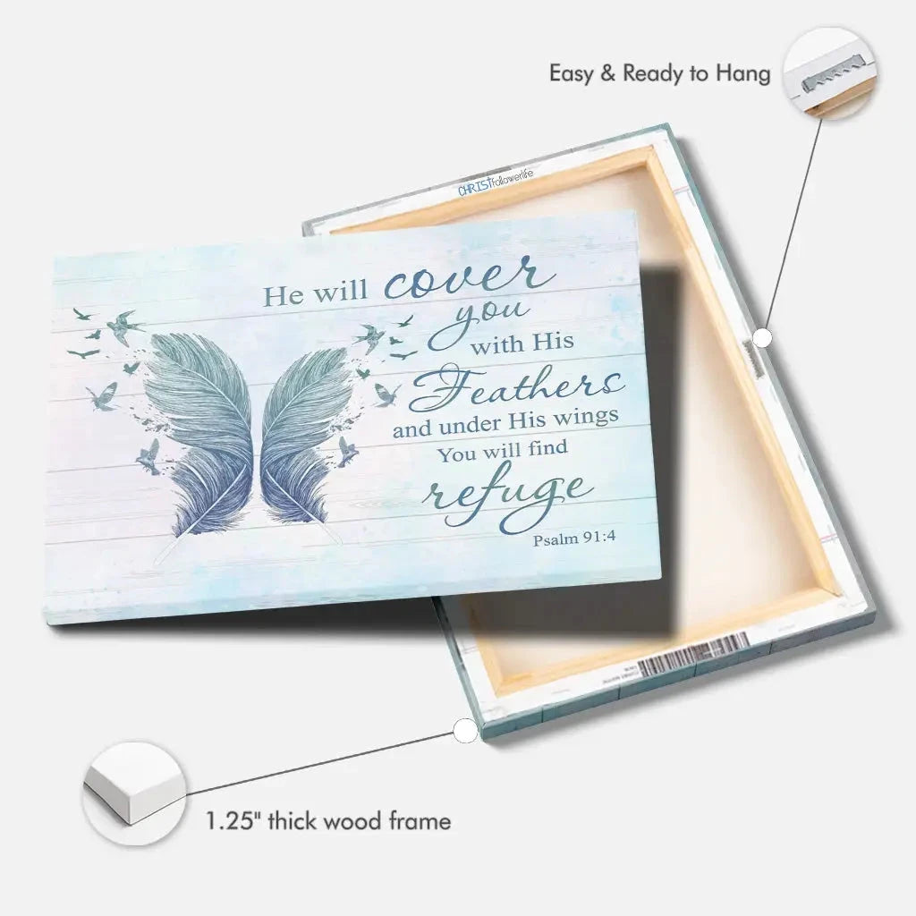 he will cover you with his feathers psalm 91 4 bible verse wall art canvas (Landscape) (view 3)