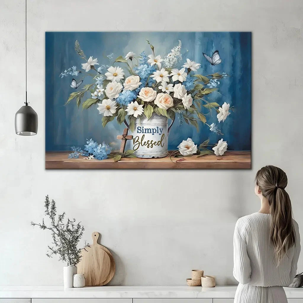 simply blessed wall art canvas flowers and butterflies christian wall decor (Landscape) (view 3)