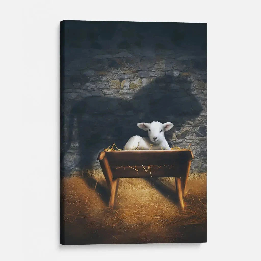 the lamb of god in the manger lion and lamb nativity scene christian wall art canvas (view 3)