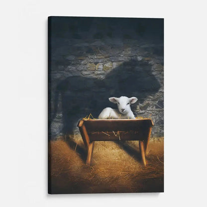 the lamb of god in the manger lion and lamb nativity scene christian wall art canvas (view 3)