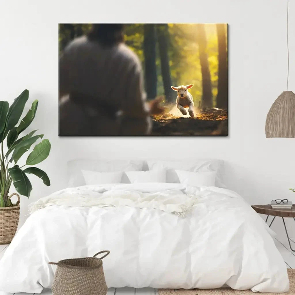 lamb running to jesus in the forest wall art canvas (Landscape) (view 2)