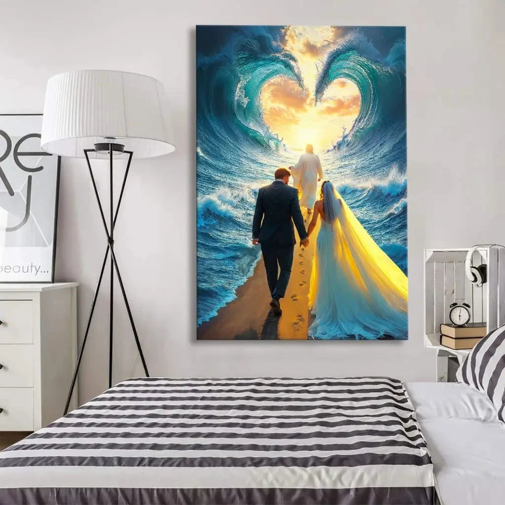 jesus leading a married couple through parted sea wall art canvas (view 3)