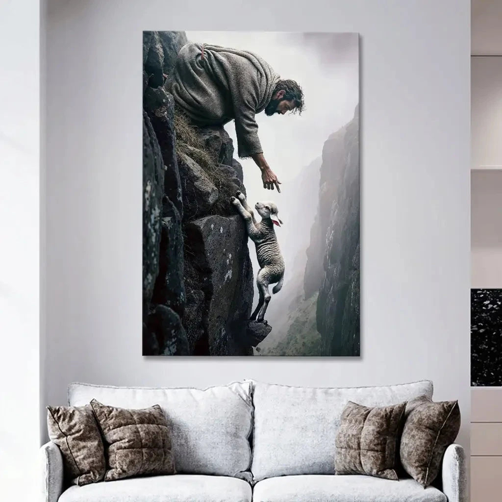 jesus reaching for a lost sheep wall art canvas (view 2)