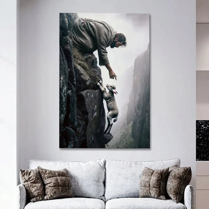 jesus reaching for a lost sheep wall art canvas (view 2)