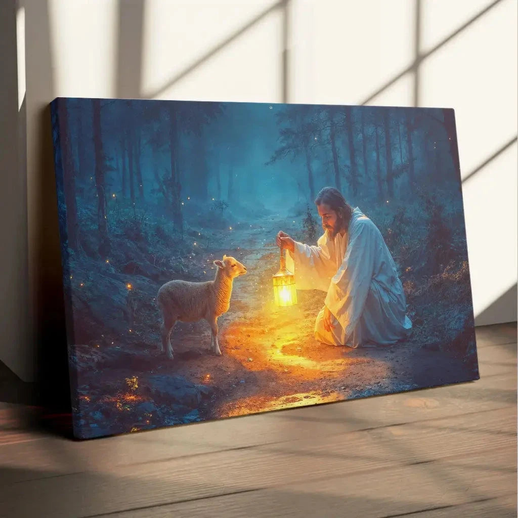 jesus rescues lamb at night wall art canvas (Landscape) (view 3)