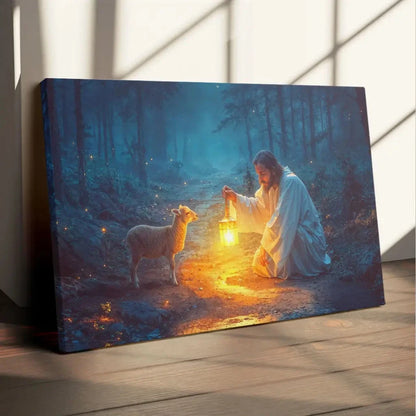 jesus rescues lamb at night wall art canvas (Landscape) (view 3)