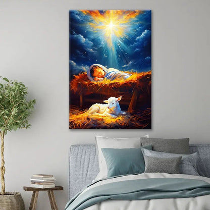 baby jesus with a lamb baby jesus in the manger wall art canvas (view 3)