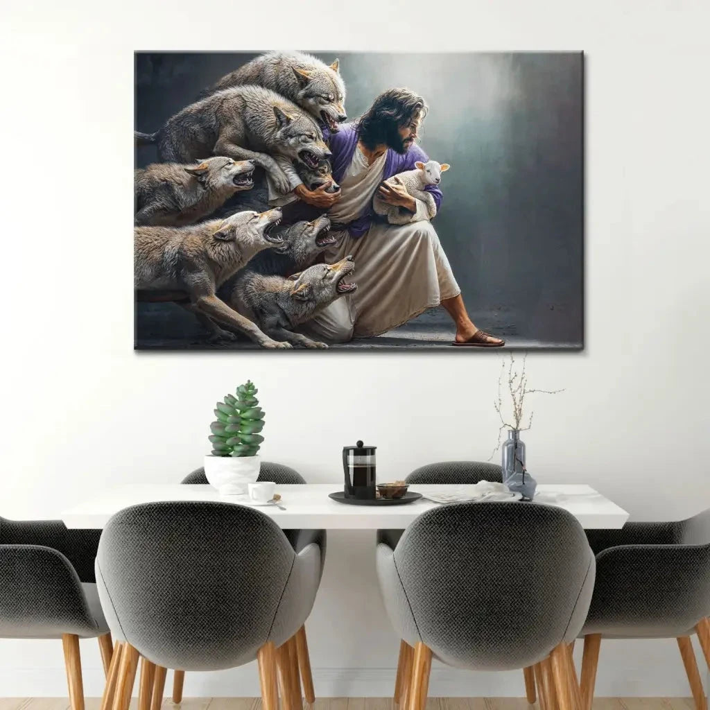 jesus protects the lamb from wolves wall art canvas (Landscape) (view 5)