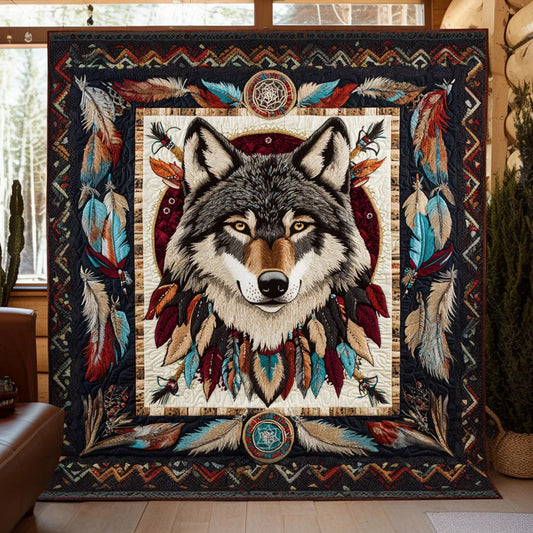 Fire Moon Wolf Quilt Blanket