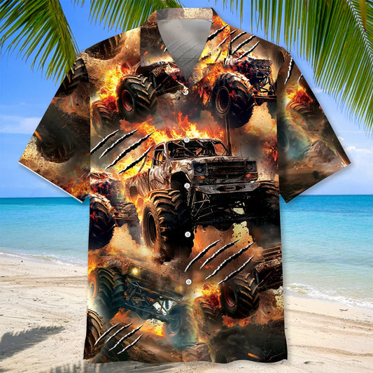 Fire Monster Truck Car Hawaiian Shirt - S - hawaiian shirt