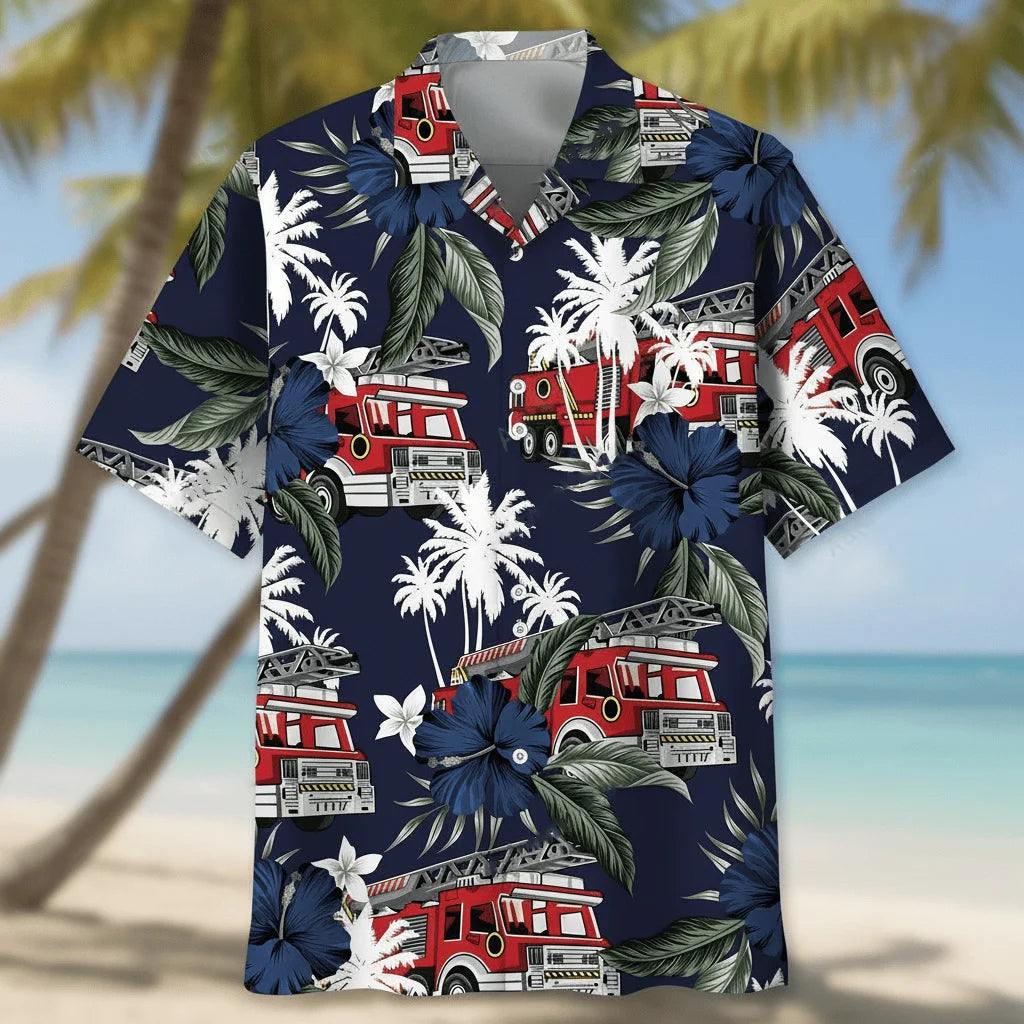 Fire Truck Dark Blue Hawaiian Shirt