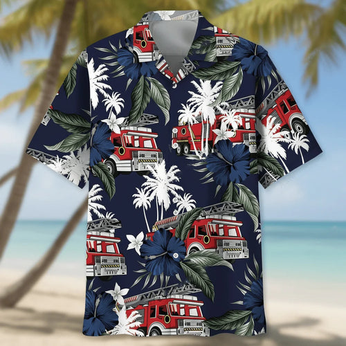 Fire Truck Dark Blue Hawaiian Shirt