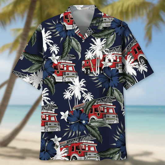 Fire Truck Dark Blue Hawaiian Shirt - S - hawaiian shirt