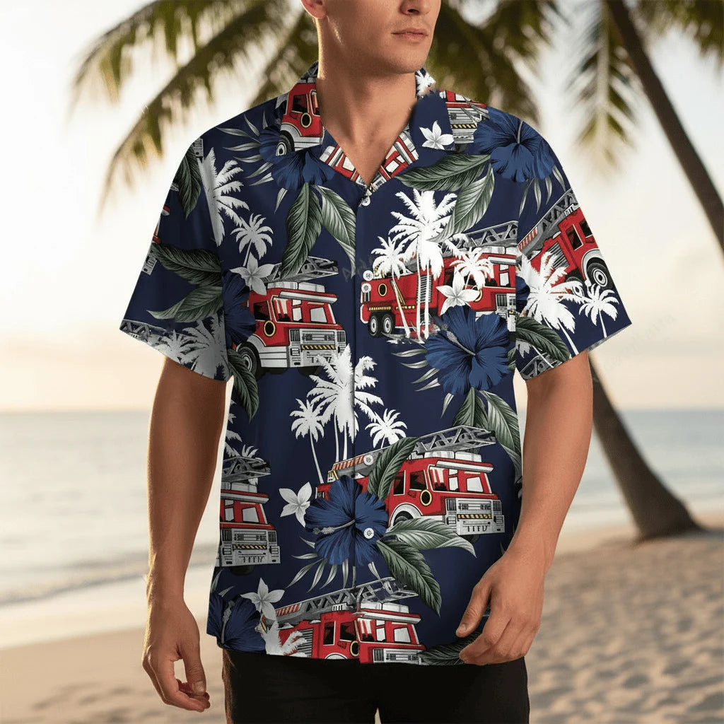 Fire Truck Dark Blue Hawaiian Shirt