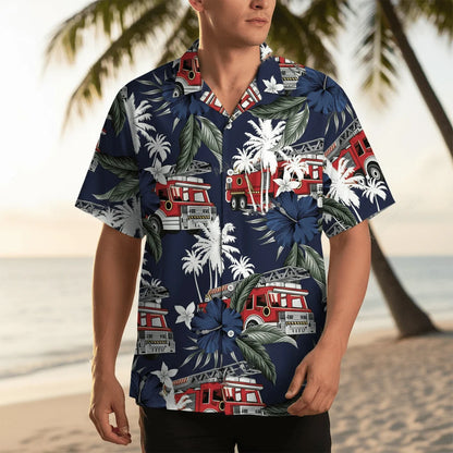 Fire Truck Dark Blue Hawaiian Shirt