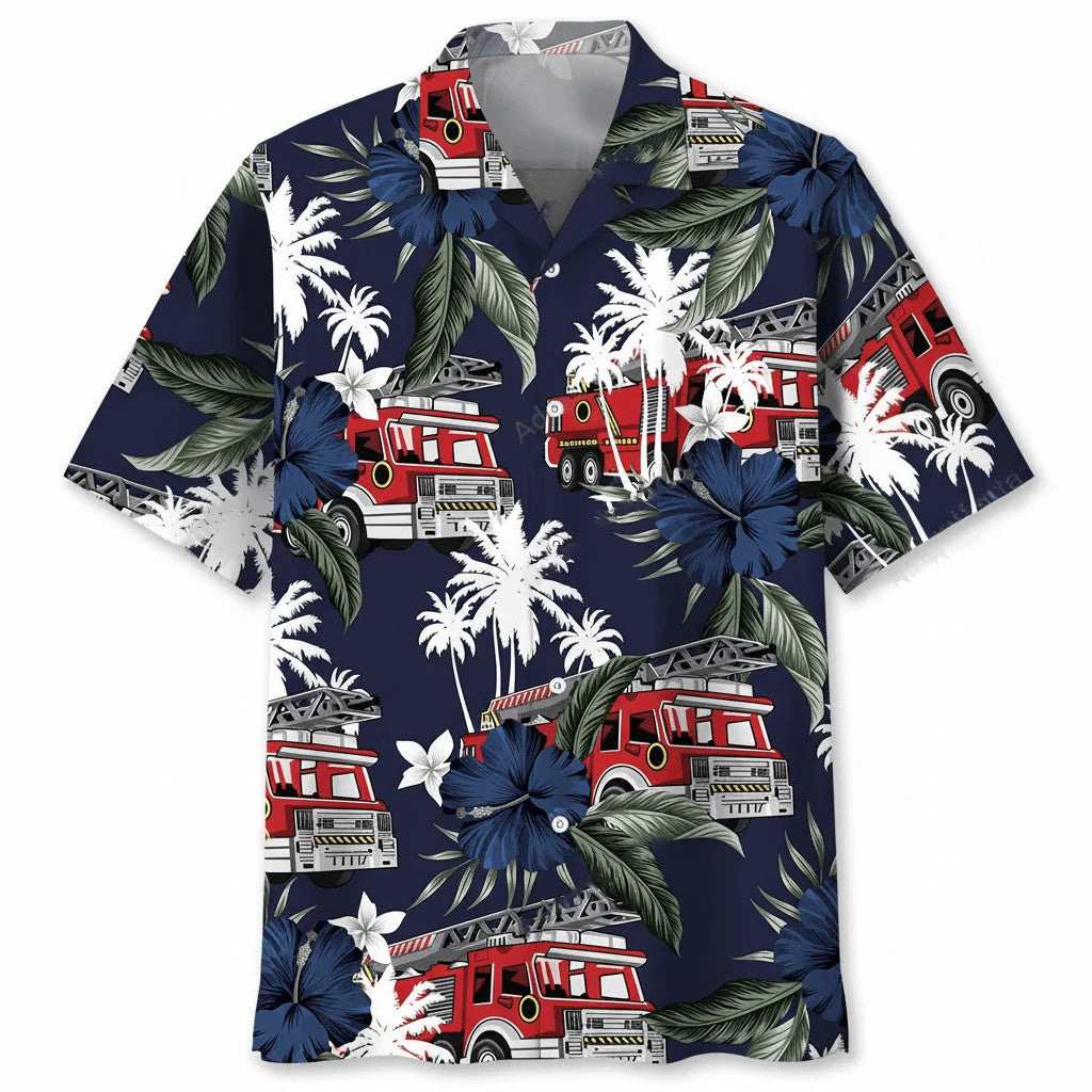 Fire Truck Dark Blue Hawaiian Shirt