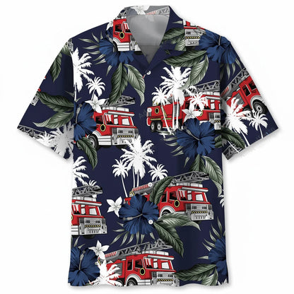 Fire Truck Dark Blue Hawaiian Shirt