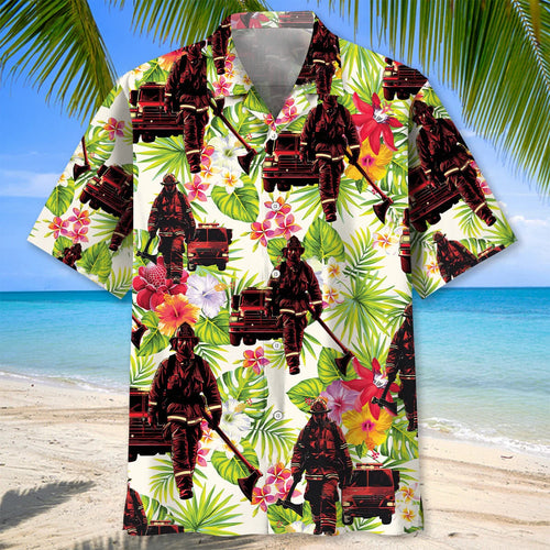 Fire Truck Firefighter Flower Hawaiian Shirt