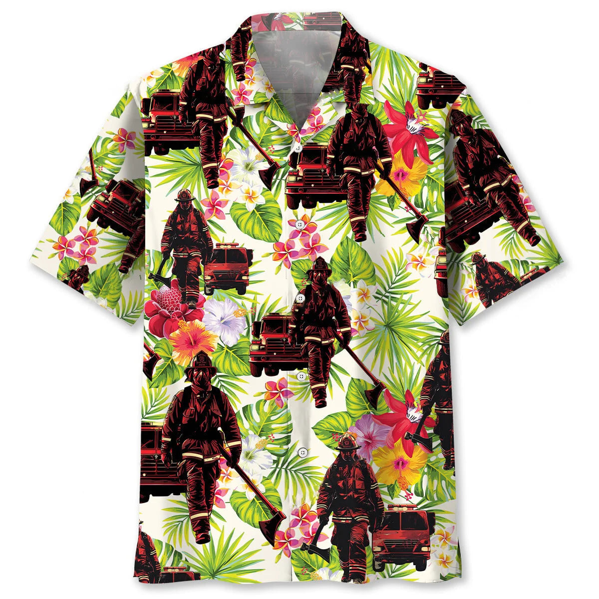 Fire Truck Firefighter Flower Hawaiian Shirt
