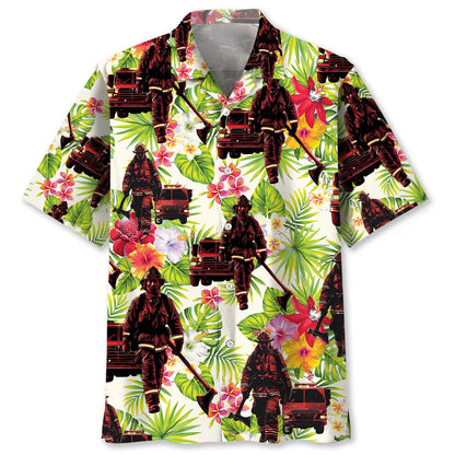 Fire Truck Firefighter Flower Hawaiian Shirt